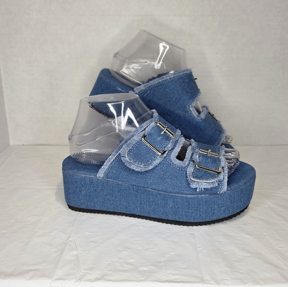 Summer Buckle Strap Denim Slip on Wedge Sandals, Women's Size 38/7.5US - Picture 5 of 9